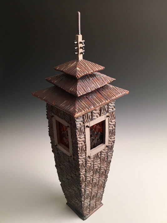 Trip Hip Roof Lantern: Textured & Glazed High Fired Stoneware w/ Cast Glass Window & Removable Top