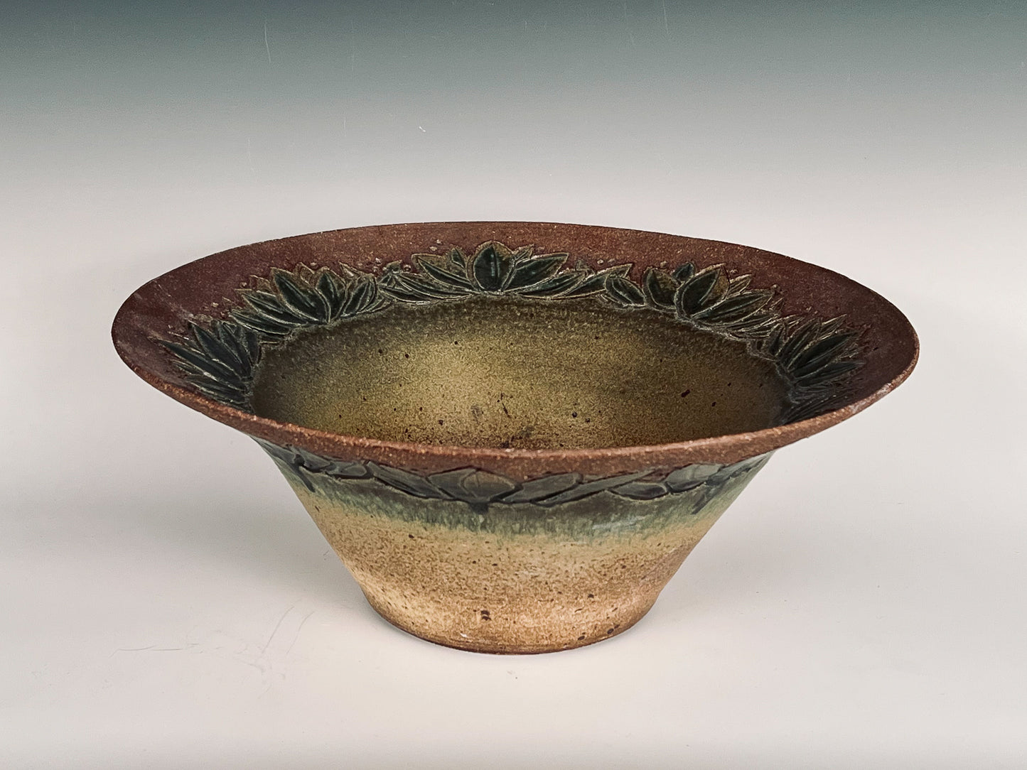 Flared Vessel w/ Leaf Motif: Glazed High Fired Stoneware