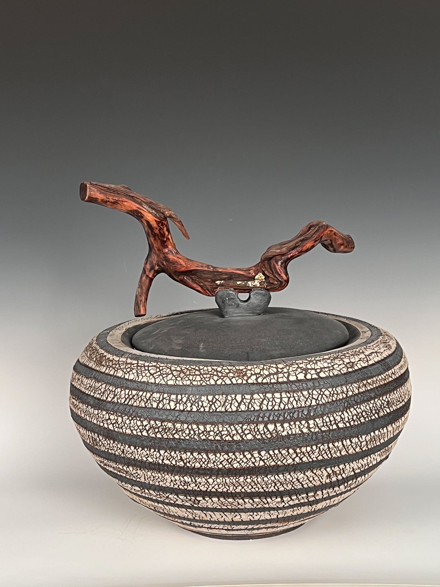 Zebra Urn: Altered High Fired Stoneware w/ Porcelain Slip, Oxide Stain & Manzanita Handle / SOLD