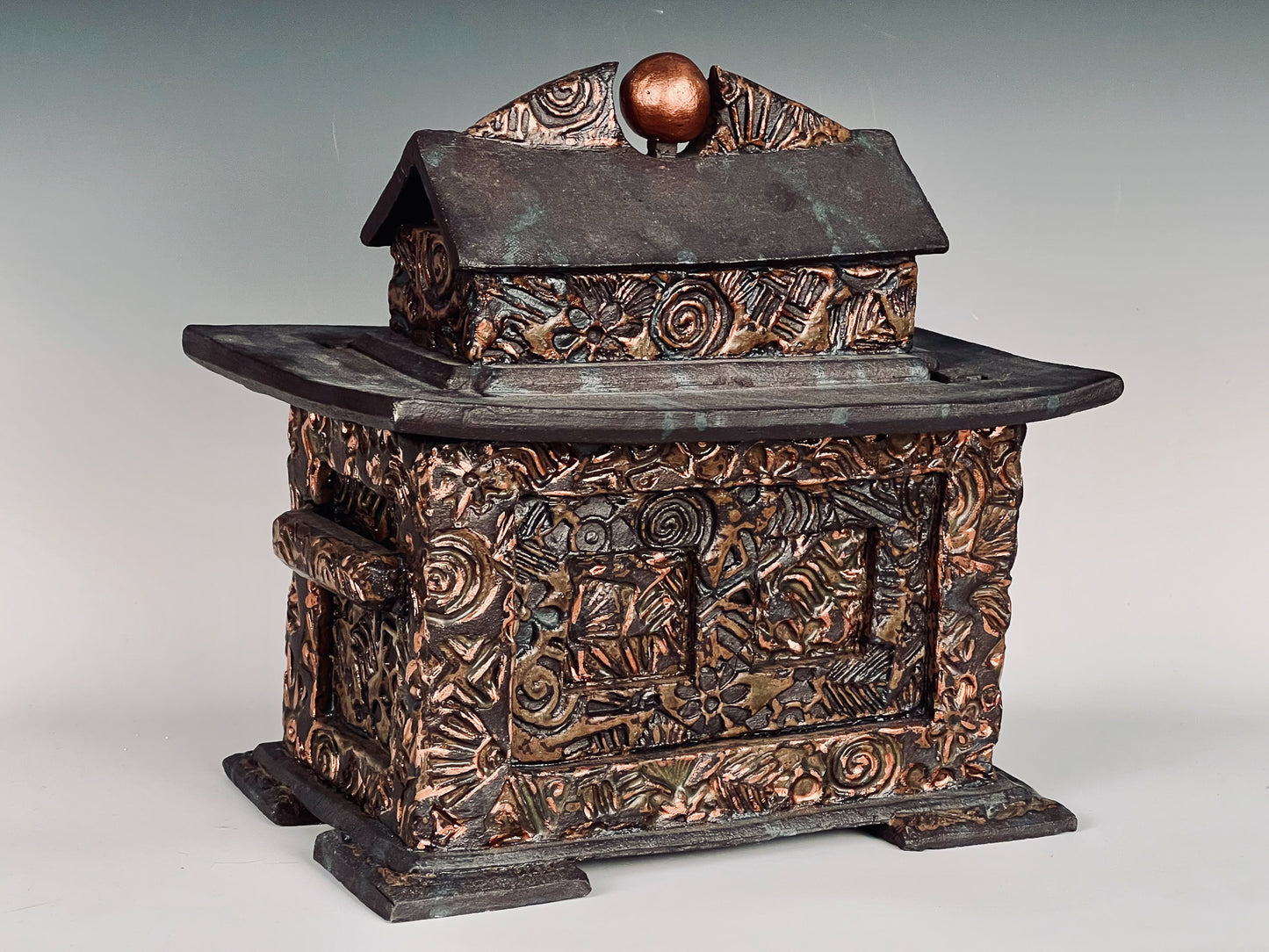 Lidded Treasure Chest: Textured High Fired Black Mountain Stoneware w/ Copper Orb & Filagree