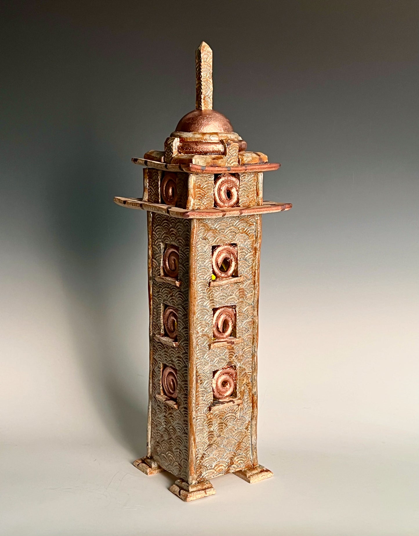 Spiral Window Lantern: Glazed, Textured & Stained High Fired Stoneware w/ Removable Top & Internal Candle Holder
