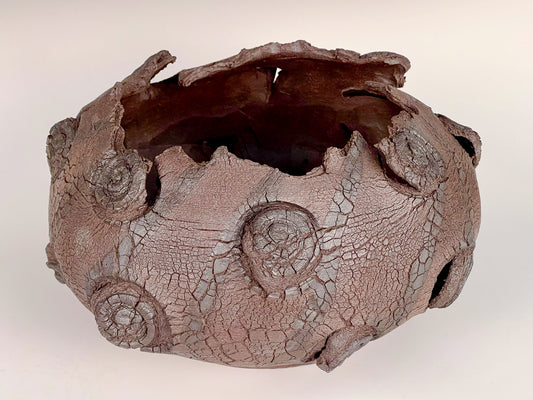 Vulcan Egg: Oxide stained, textured & altered high fired Black Mountain stoneware