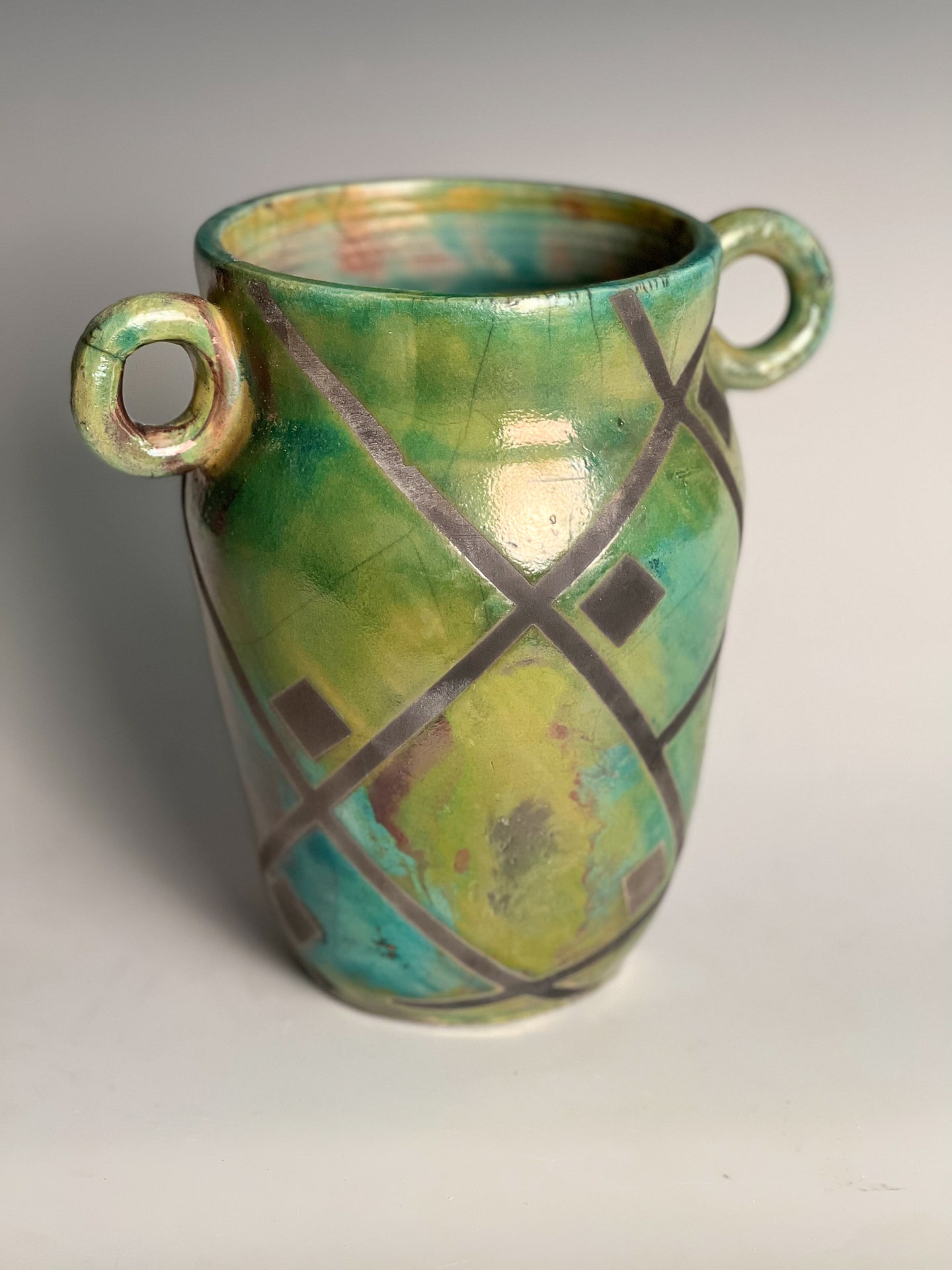 Green Raku Vase: Raku fired stoneware