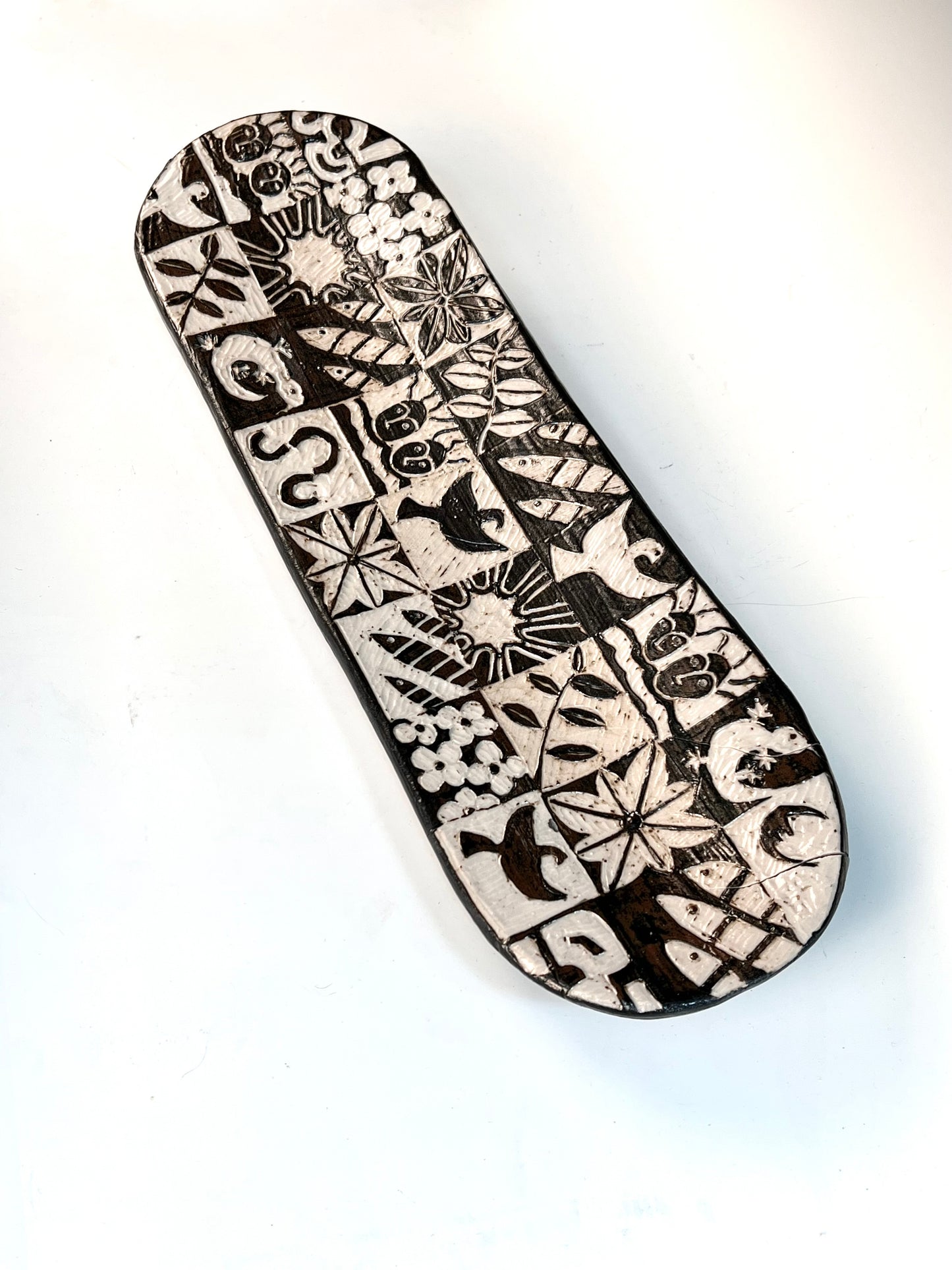 Long Sgraffito Platter: Etched & glazed high fired porcelain / SOLD