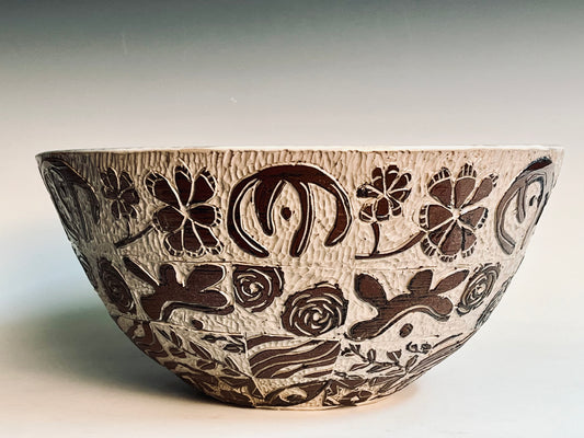 Sgraffito Panel Bowl: Etched & glazed high fired porcelain / SOLD