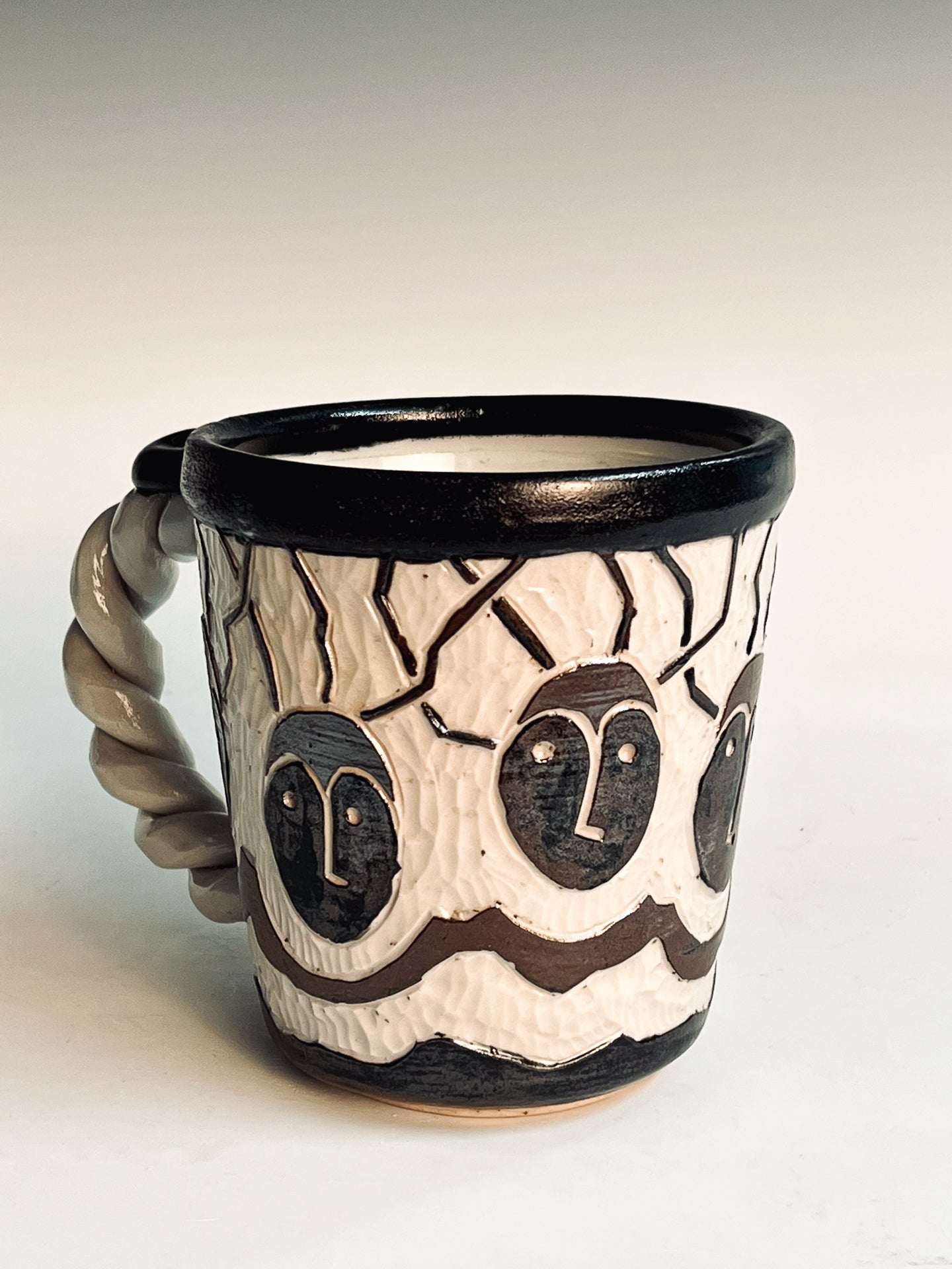 Crazy Face Mug: Etched & glazed high fired porcelain