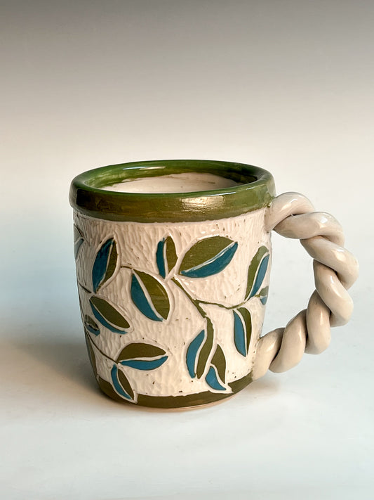 2 Tone Leaf Mug: Etched & glazed high fired porcelain