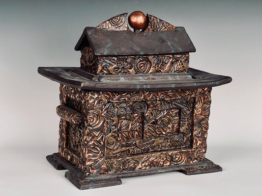 Lidded Treasure Chest: Textured high fired Black Mountain stoneware w/ copper orb & filagree