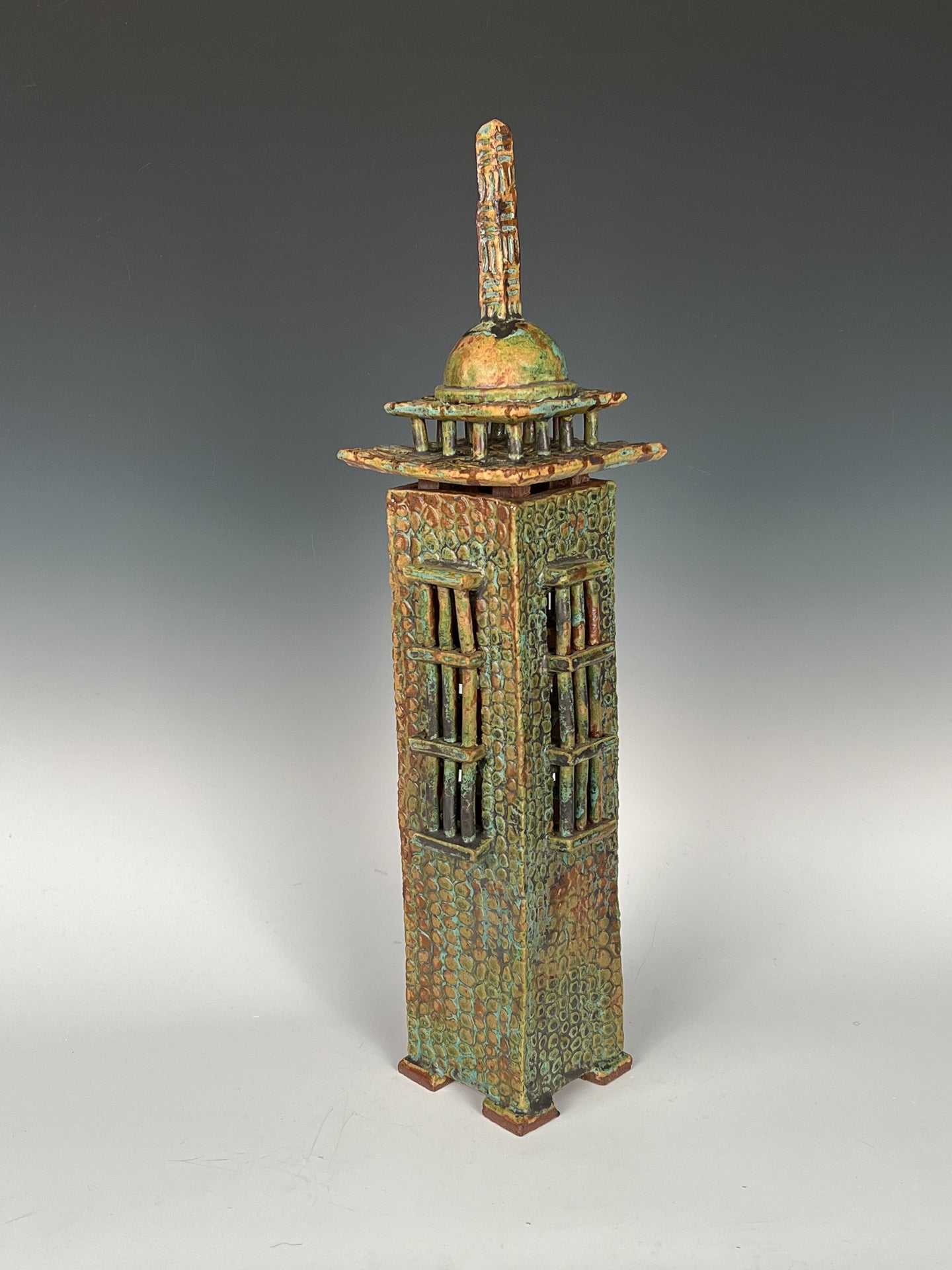 Patina Pencil Tower : Glazed, textured & stained high fired stoneware & removable top.