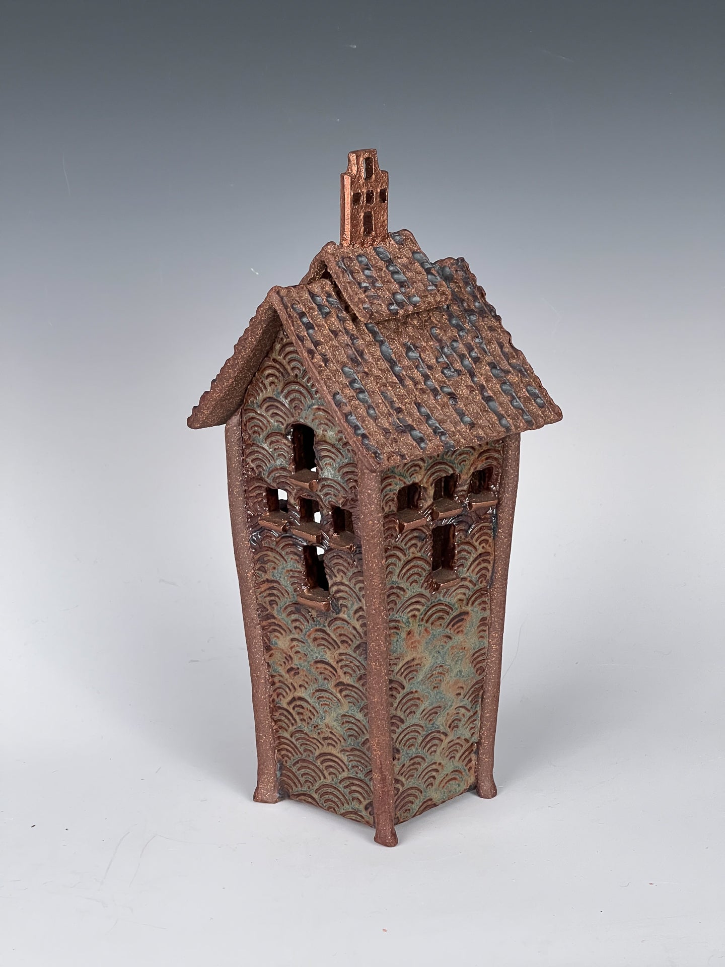 Cross Window Lantern -  Glazed, textured & stained high fired stoneware & removable top
