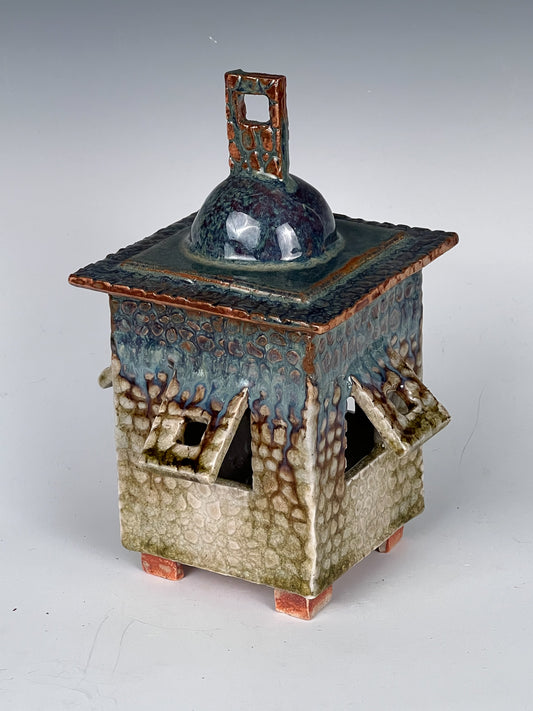 Casement Window Lantern: Glazed, textured & stained high fired stoneware & removable top  / SOLD