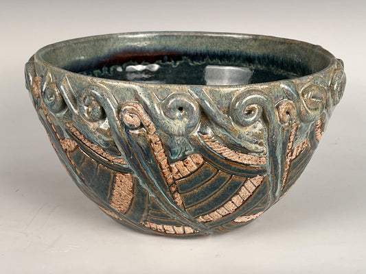 Aqua "Celadon" Deco Bowl: Glazed high fired stoneware (Contact Chemers Gallery)
