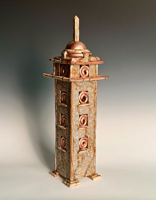 Spiral Window Lantern:   Glazed, textured & stained high fired stoneware w/ removable top & internal candle holder